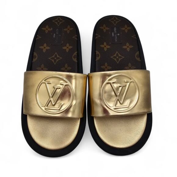 Louis Vuitton Sunbath Slide Sandal Flat Gold Brown Monogram Canvas Size 38 US 8 - Picture 1 of 12